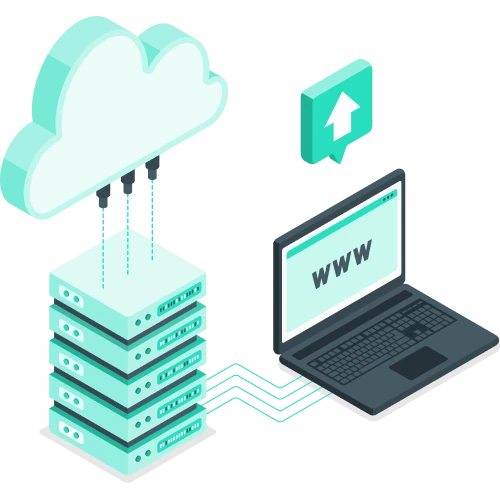 Illustration of cloud computing showing data servers connected to a laptop uploading to the cloud.