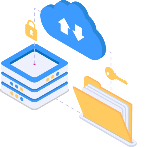 Illustration of cloud storage with up and down arrows, a secure server, a folder, a lock, and a key symbolizing data security and access.