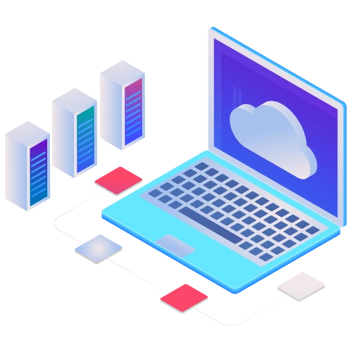 Isometric illustration of a laptop displaying a cloud icon connected to three servers, representing cloud computing and data network.