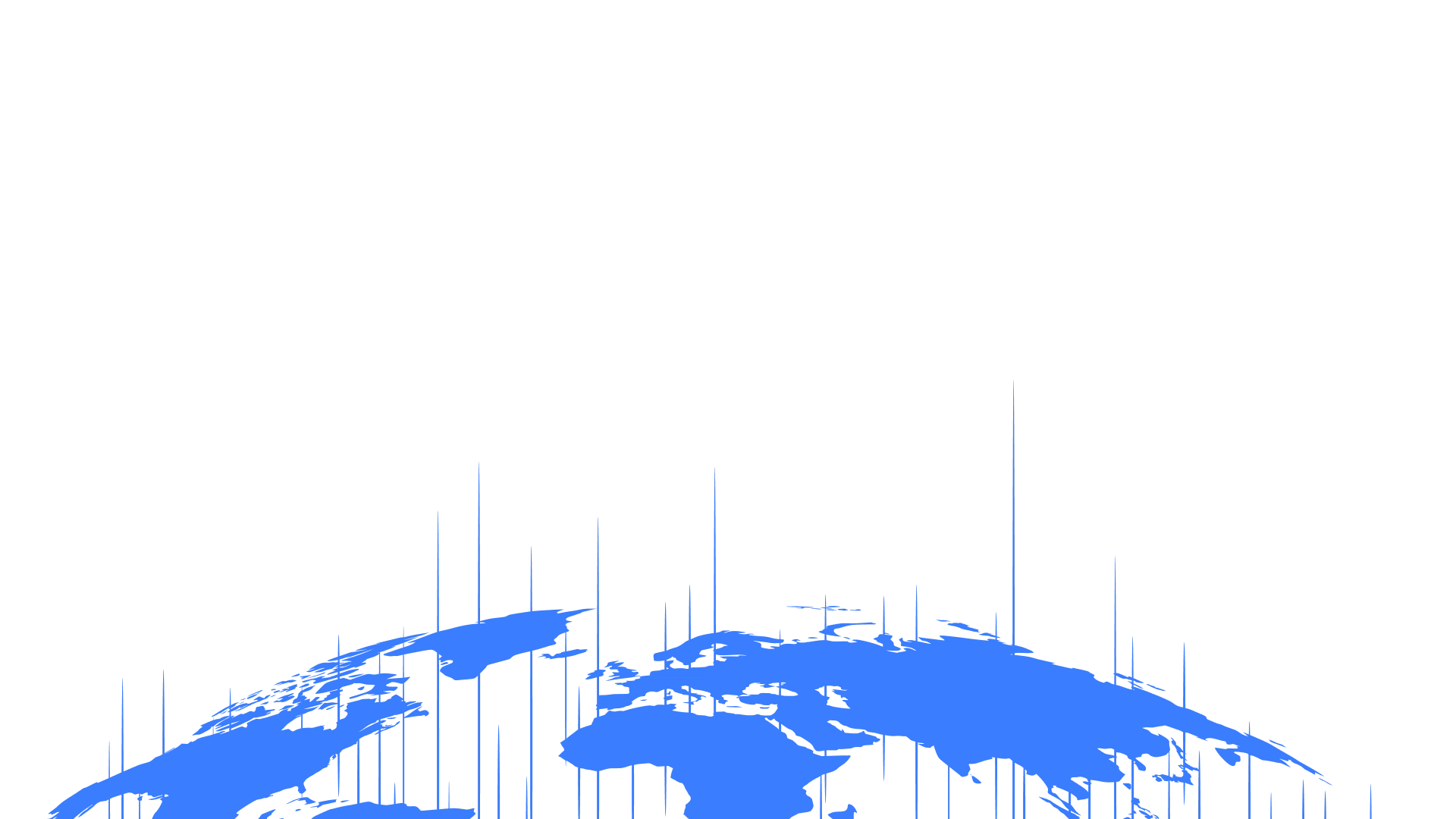 Blue stylized map of the world with vertical bars of varying heights rising from different locations.