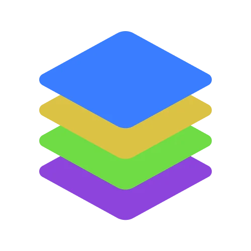 Stack of four overlapping layers in blue, yellow, green, and purple, representing layered design or technology.