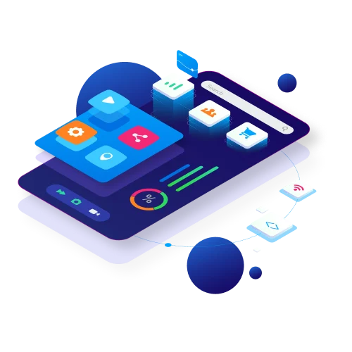 3D illustration of a smartphone screen showing app icons, a search bar, progress indicators, and network connectivity symbols.