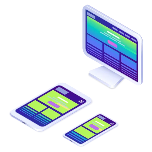 Isometric illustration of a responsive website displayed on a desktop monitor, tablet, and smartphone screens.