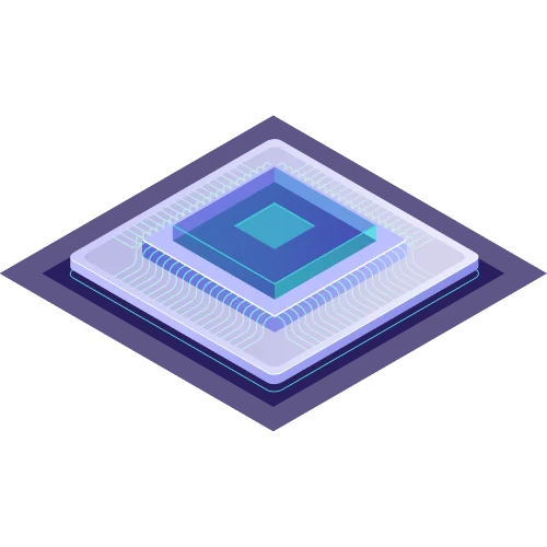 Isometric illustration of a layered microchip or processor with glowing blue and purple elements on a dark background.