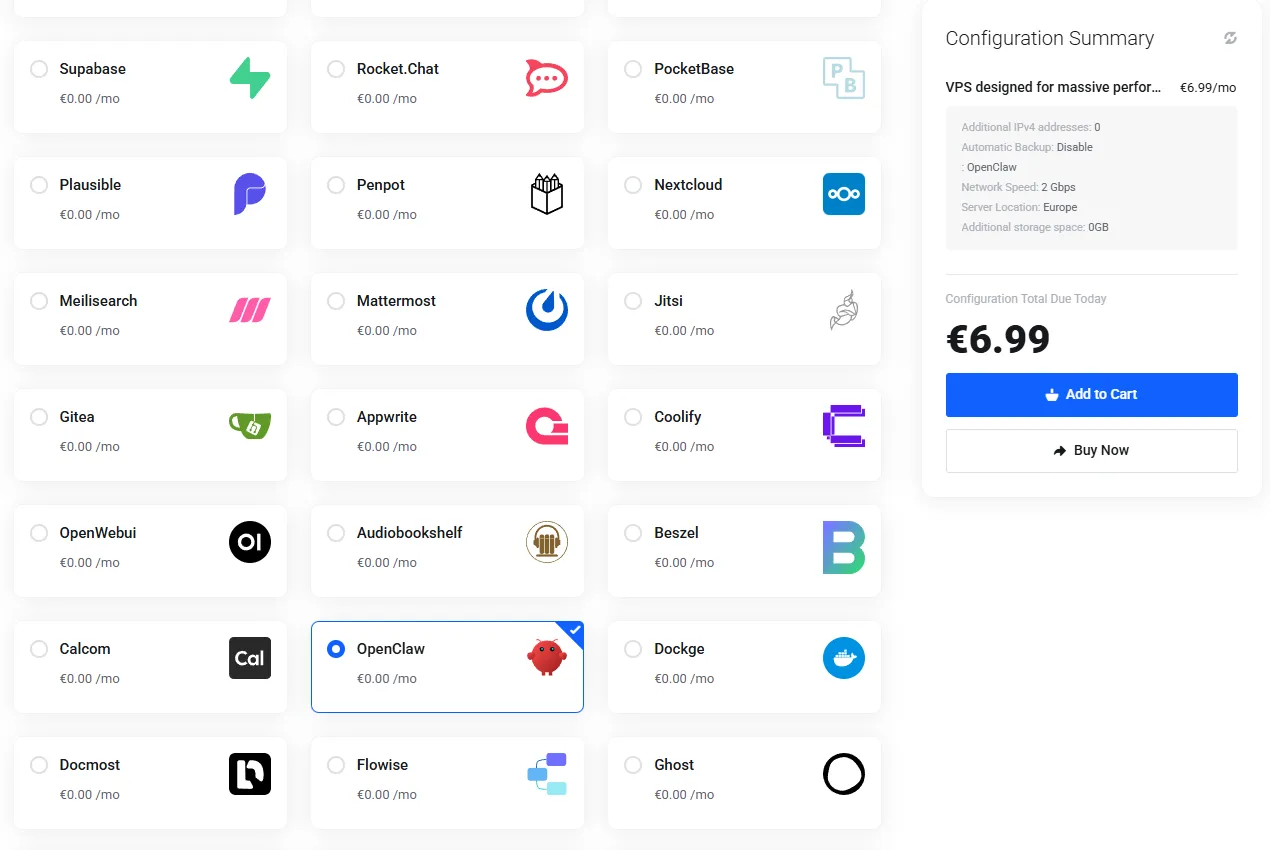 PetroSky checkout: the Applications tab under System Image with OpenClaw selected at €0.00 on the €6.99 Mini plan