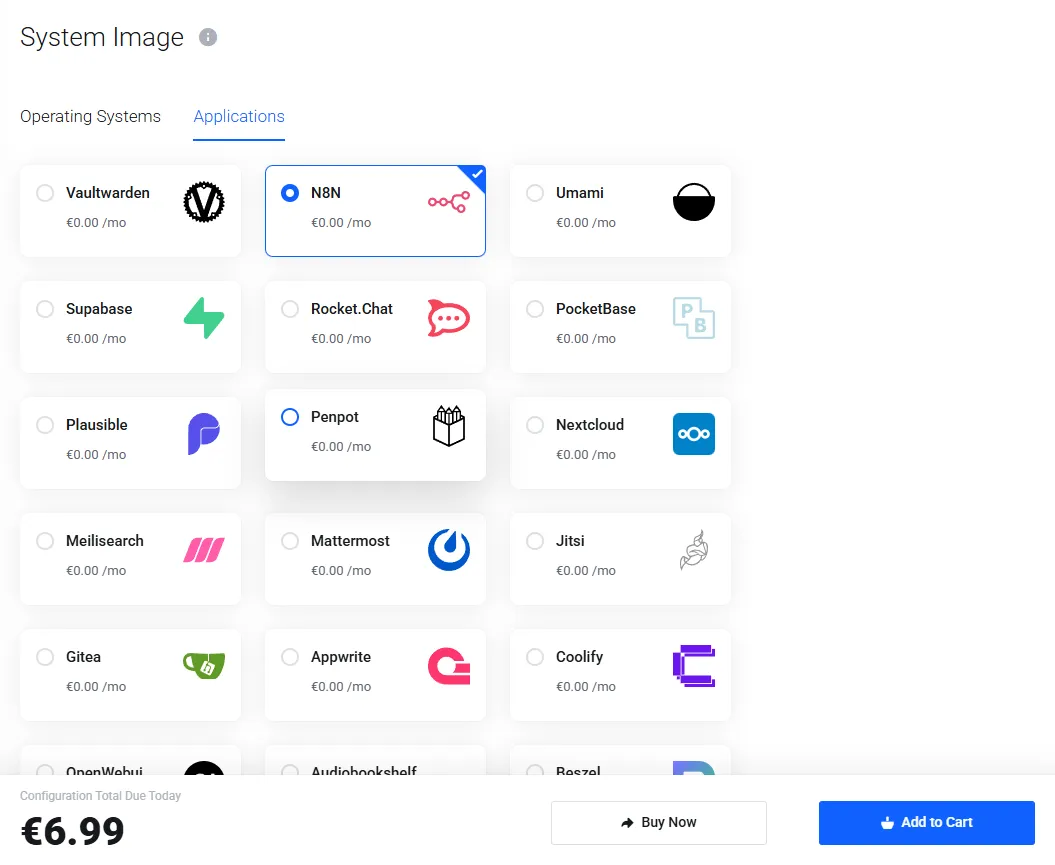 PetroSky checkout: the Applications tab under System Image with n8n selected at €0.00 on the €6.99 Mini plan