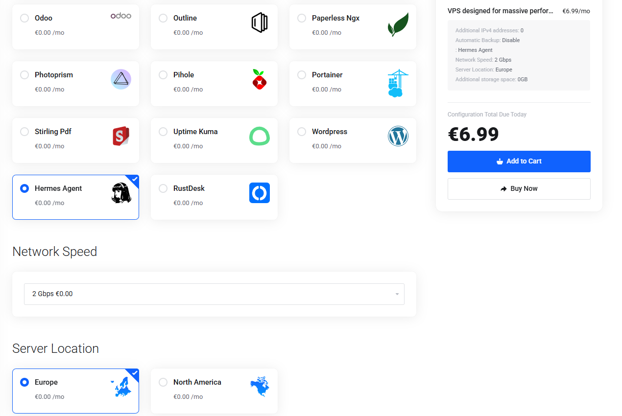 PetroSky checkout: the Applications tab under System Image with Hermes Agent selected at €0.00 on the €6.99 Mini plan