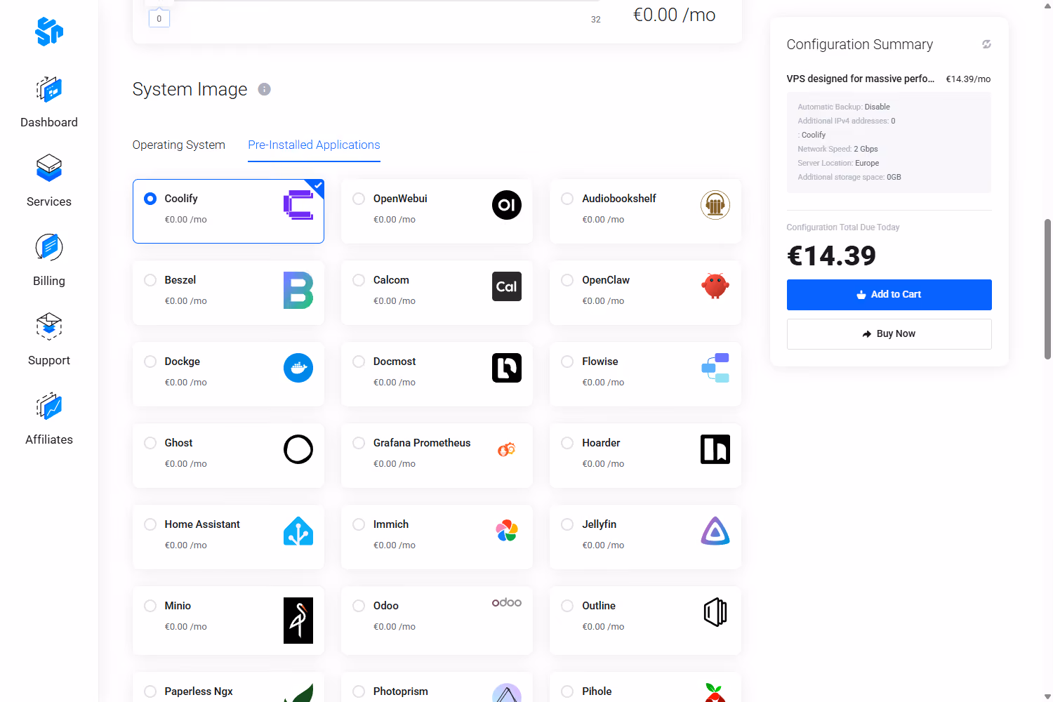 PetroSky checkout showing the Pre-Installed Applications tab with Coolify selected at €0.00 on the €14.39 per month Starter plan