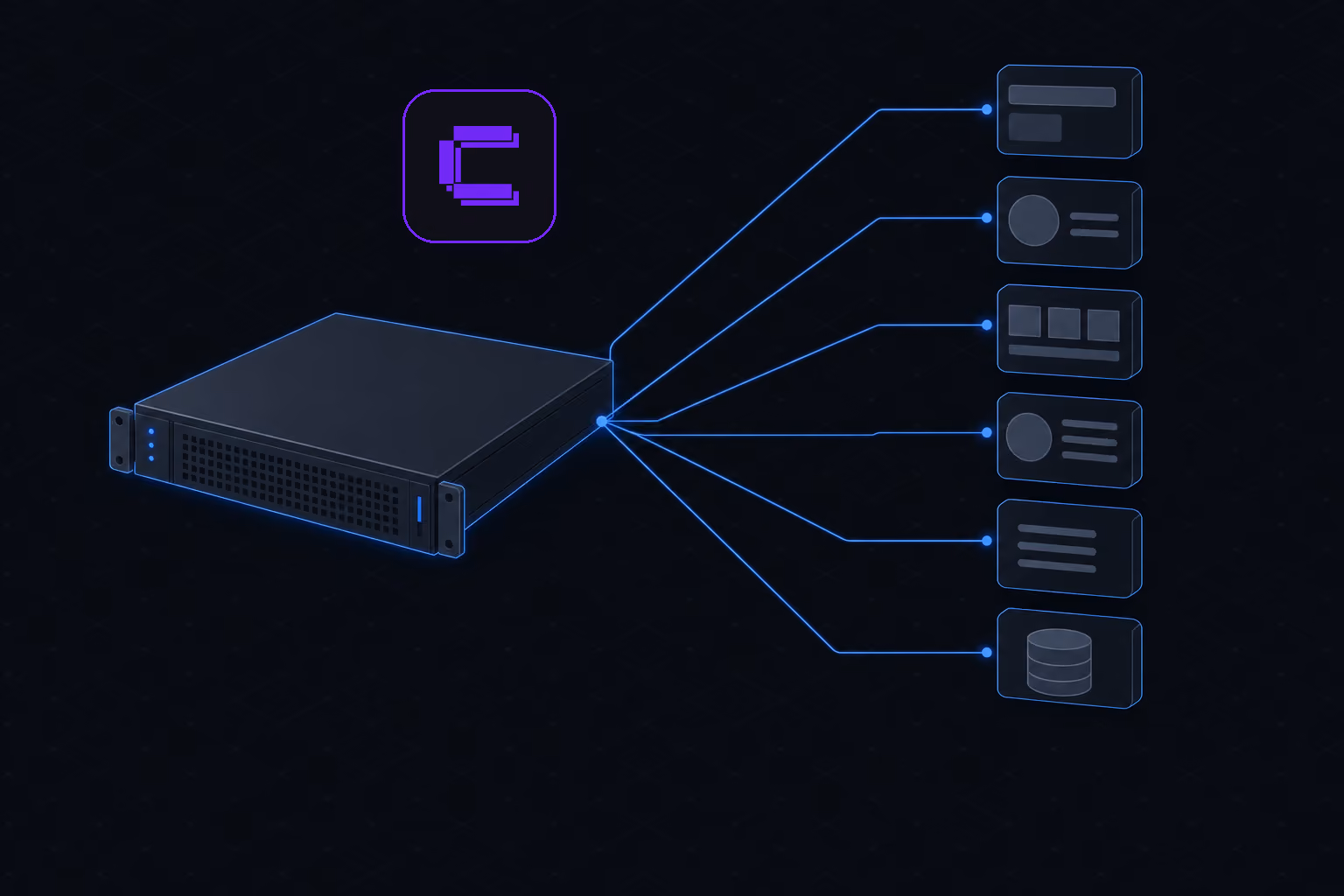 The Coolify logo above a single PetroSky VPS, with connections fanning out to six deployed applications and a database
