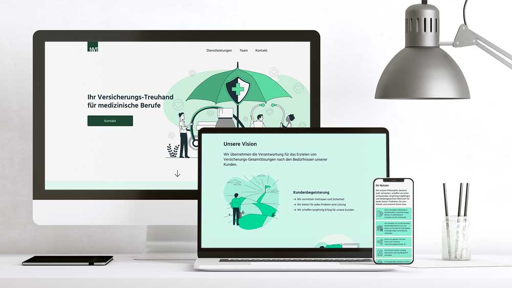NVT Versicherungs-Treuhand Website für medizinische Berufe, responsives Design auf Desktop, Laptop und Smartphone