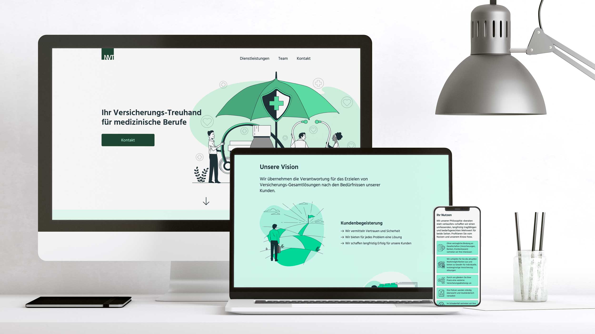 NVT Versicherungs-Treuhand Website für medizinische Berufe, responsives Design auf Desktop, Laptop und Smartphone