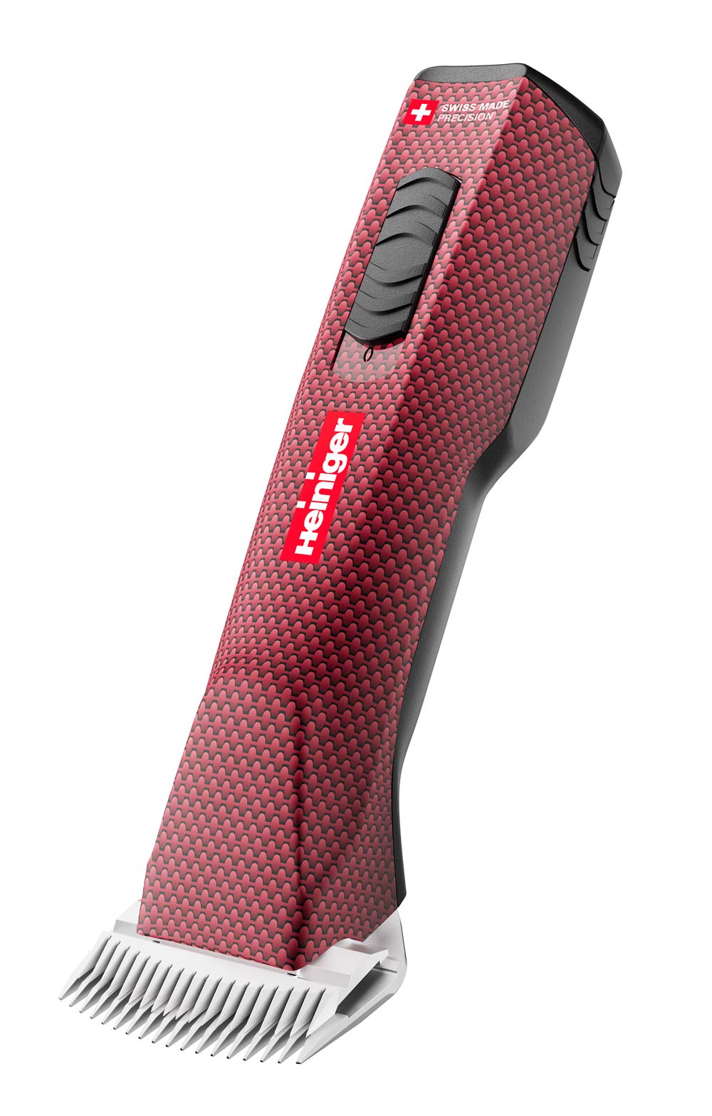 Heiniger Opal kabelloser Tierschermaschine in Rot-Schwarz mit Carbon-Muster, Swiss Made Precision, professioneller Hundeschermaschine