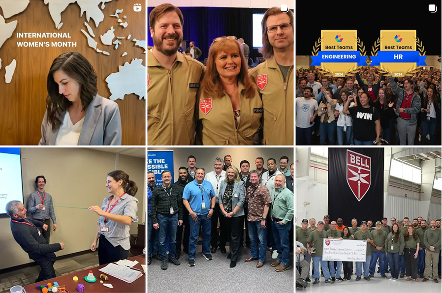 Collage featuring International Women's Month, team events, awards, and group photos at Bell.