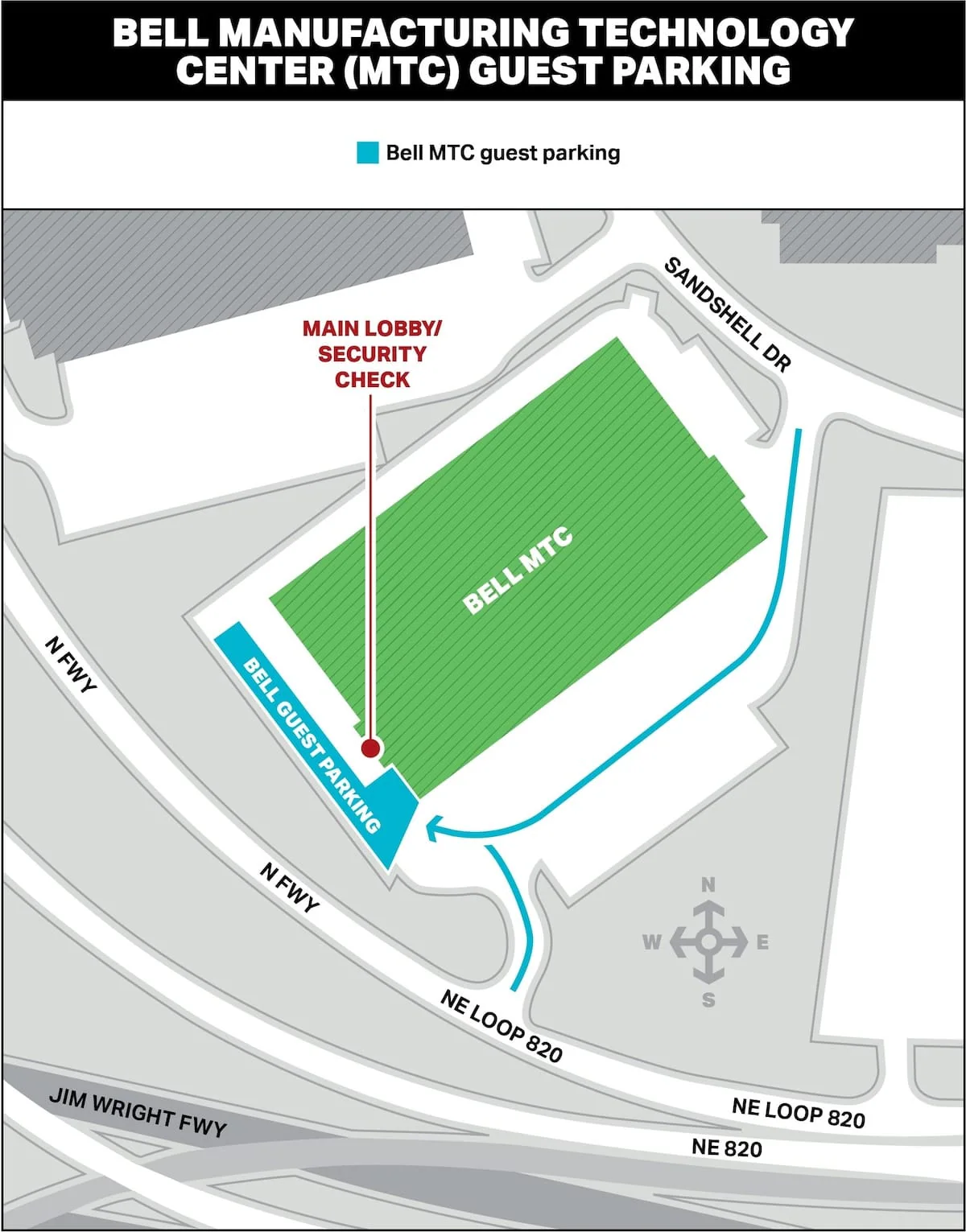 Map showing guest parking and entrance for the Bell Manufacturing Technology Center, with labeled