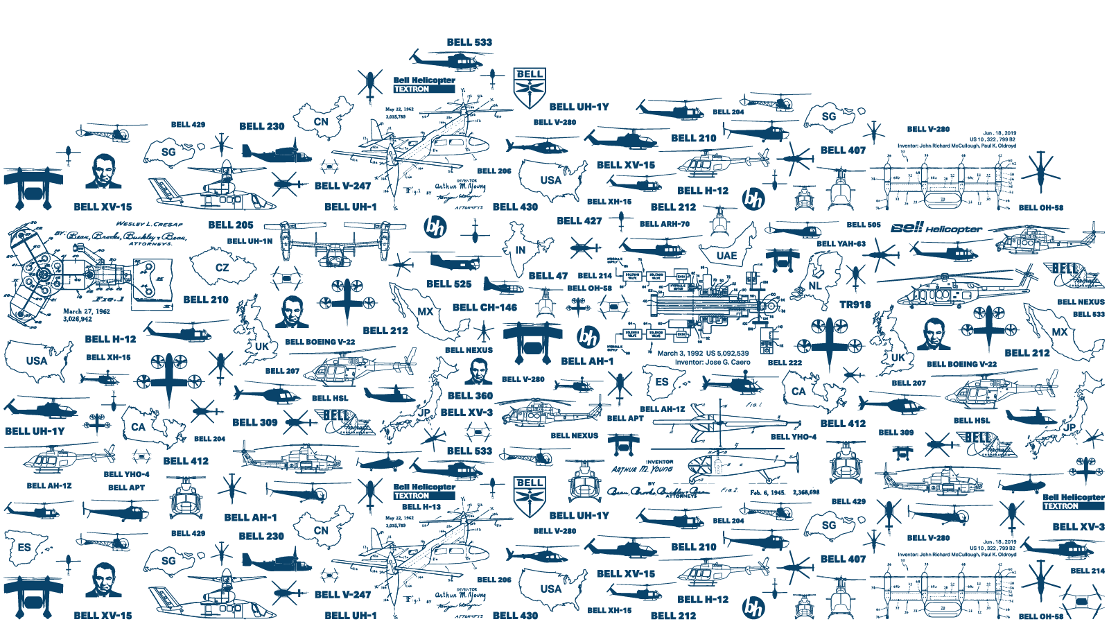 Illustration featuring various helicopter silhouettes, military insignia, and labels in a pattern.
