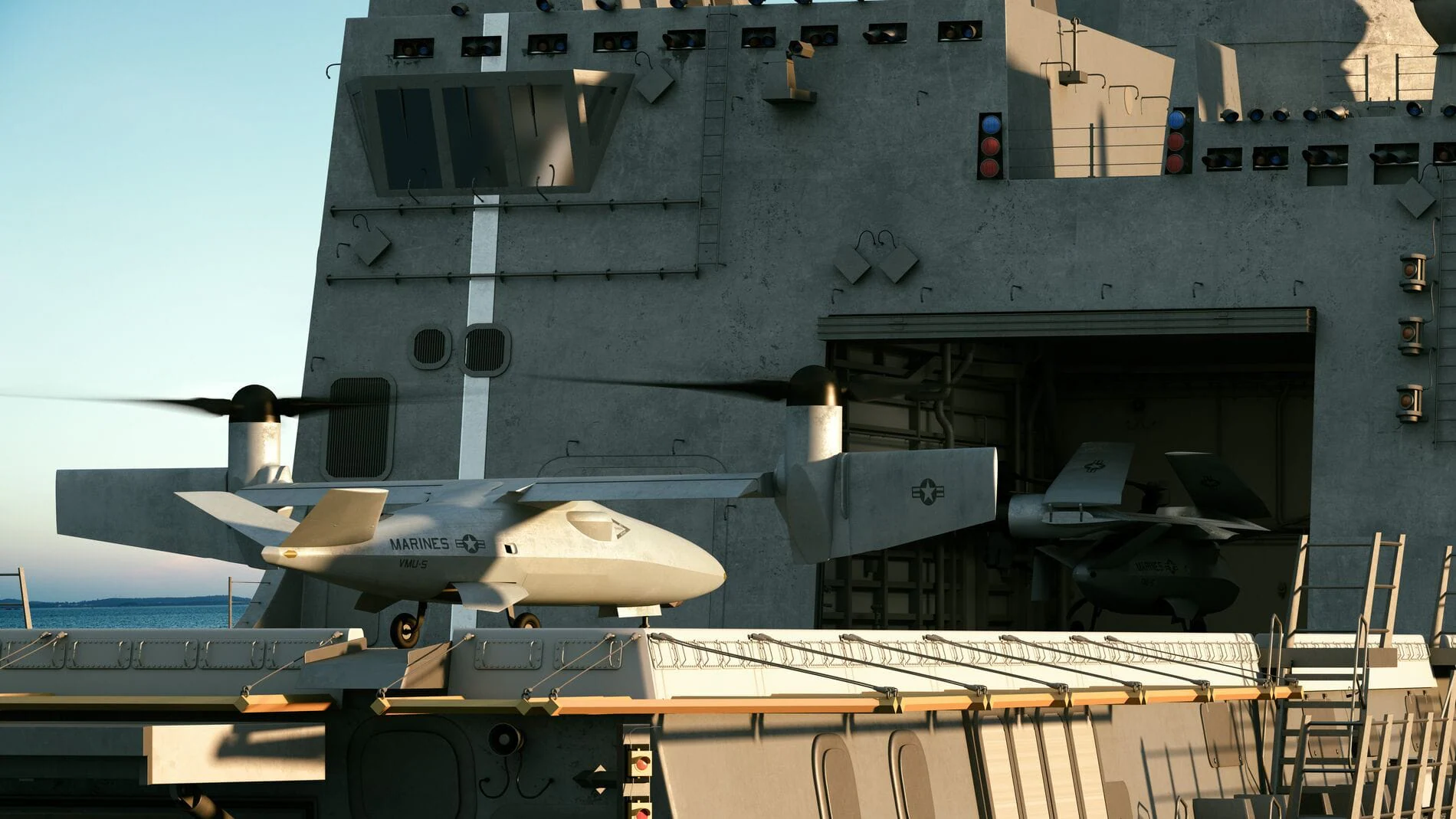 A drone is positioned on the deck of a military vessel, with aircraft visible in the background.