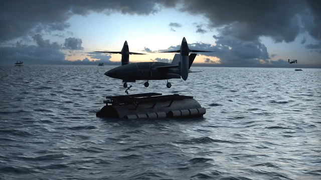 A drone with propellers hovers above a floating platform on the ocean at dusk.