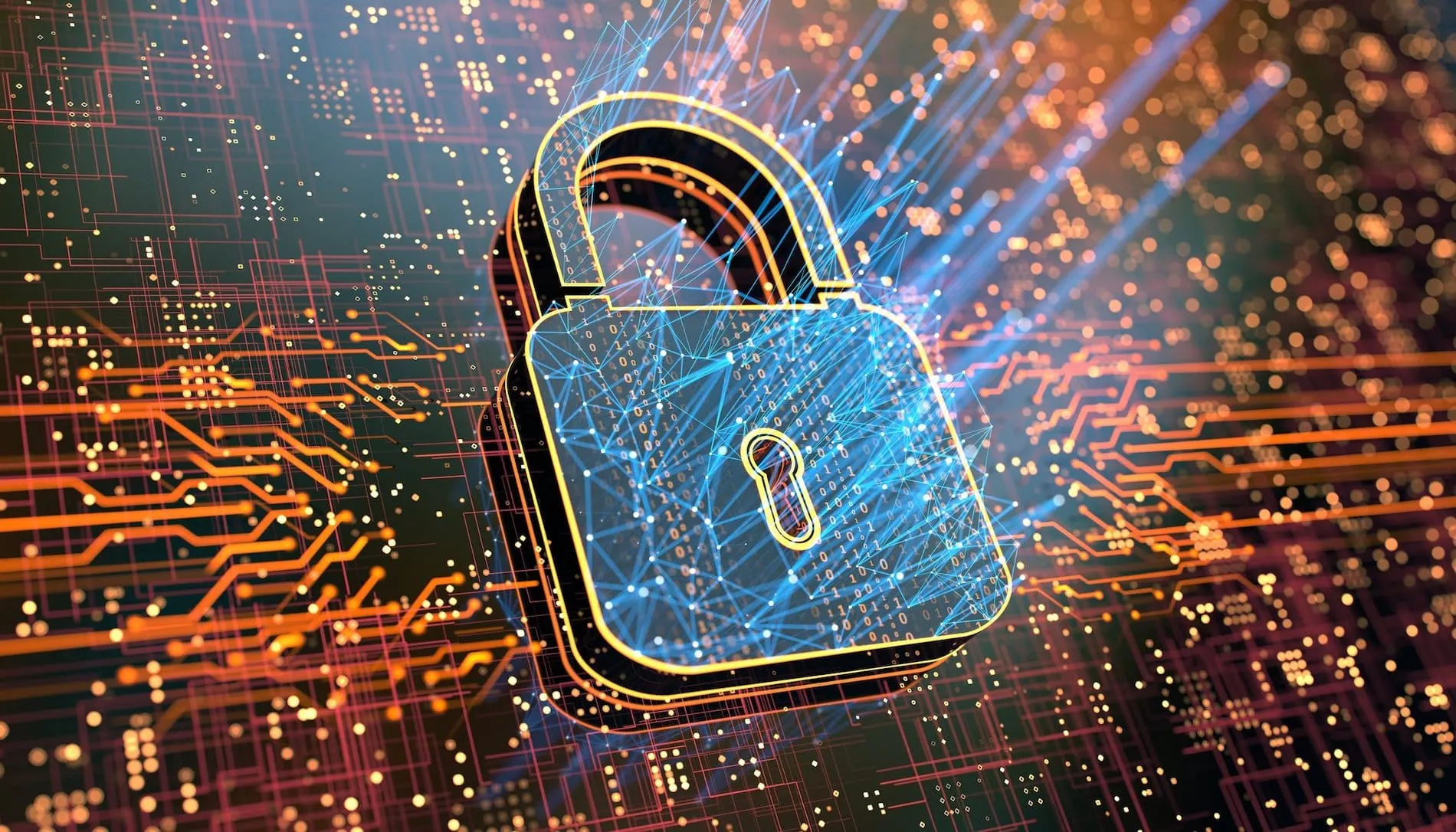 A digital lock with glowing lines and circuit patterns in a vibrant, abstract background.