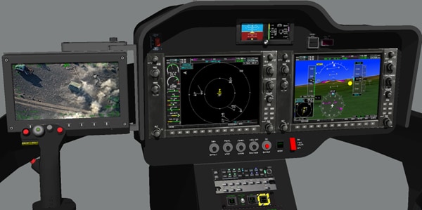 Cockpit view featuring three screens: radar display, terrain map, and external camera feed.