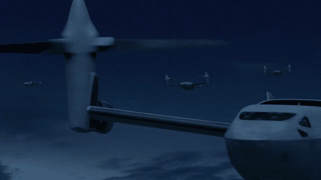 A nighttime aerial scene featuring multiple aircraft, including a large airplane and smaller drones.