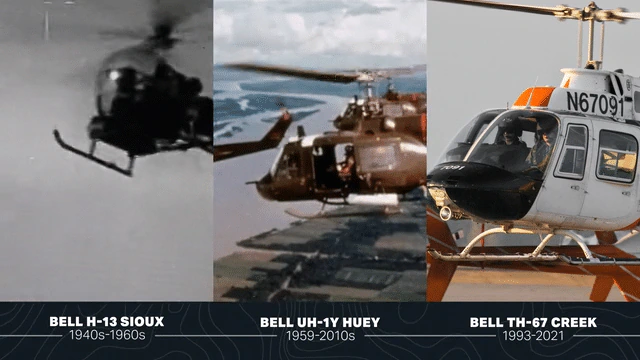 Three Bell helicopters: H-13 Sioux, UH-1Y Huey, and TH-67 Creek, showcasing different eras and