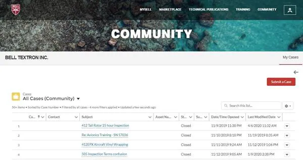 Community page for Bell Textron Inc. displaying a table of case submissions with statuses.