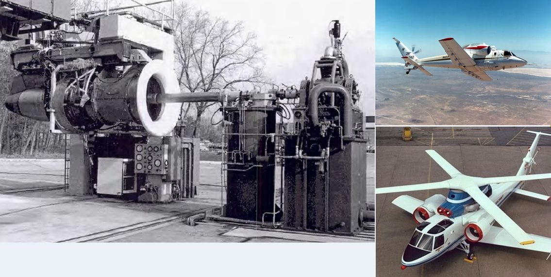 A jet engine test facility alongside various aircraft images, including a propeller plane and a