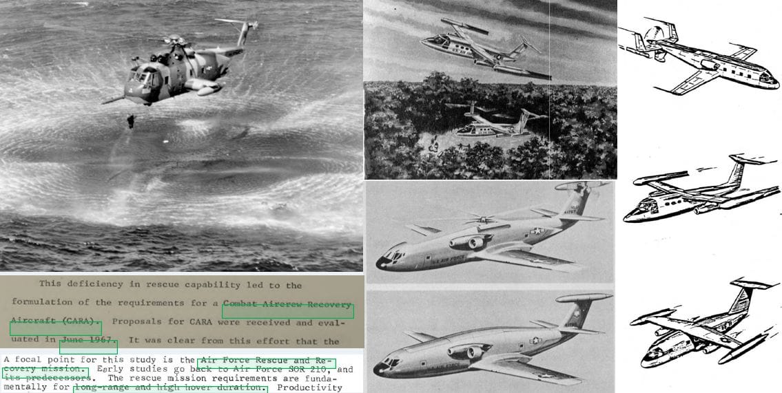 Helicopters, aircraft designs, and historical documents related to Combat Aircraft Recovery.
