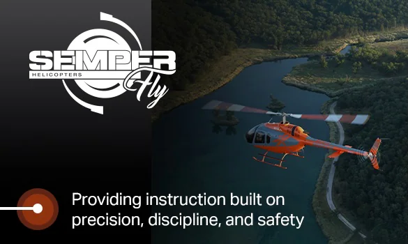 A helicopter flies over a lush landscape near a body of water, with Semper Fly branding.