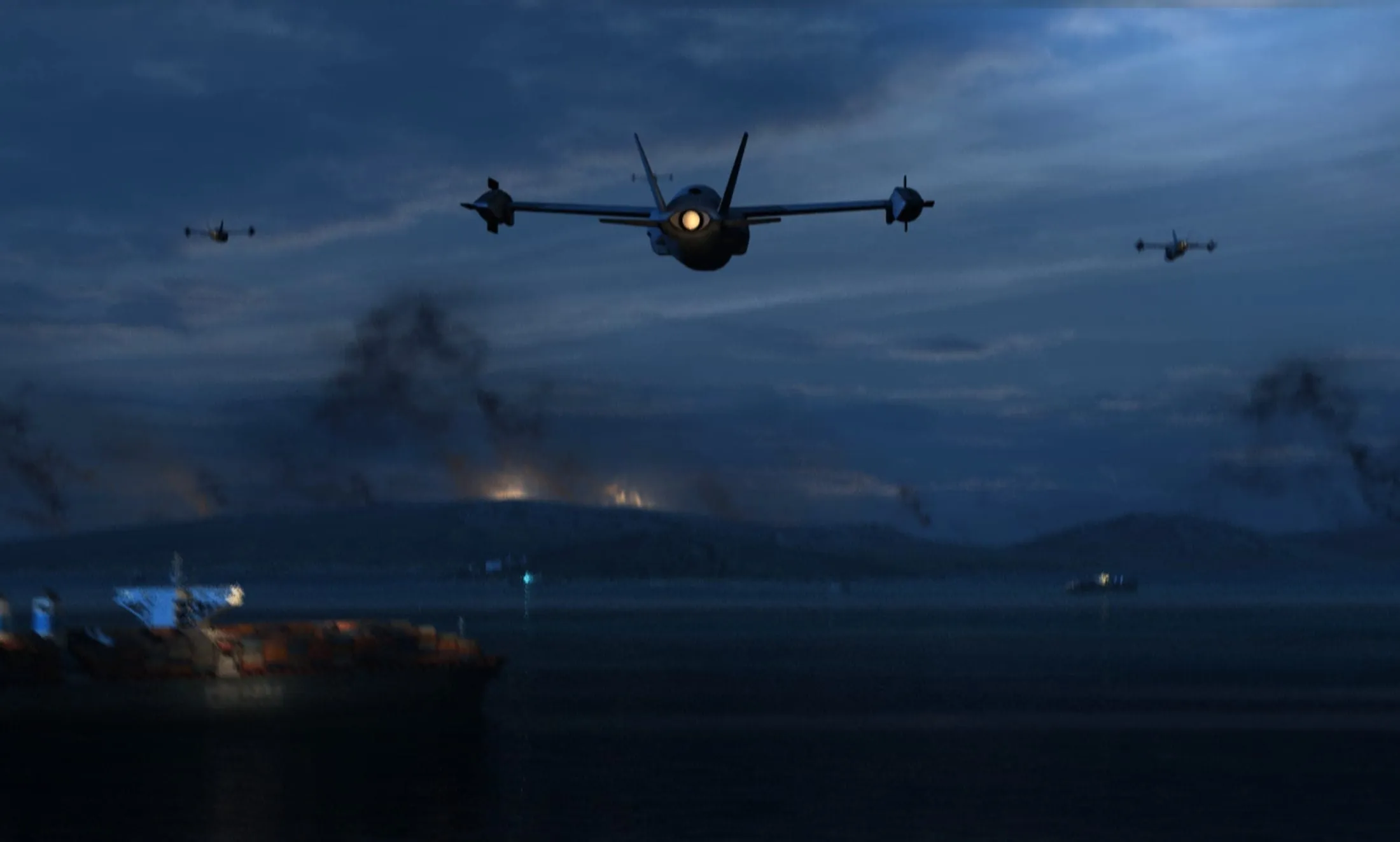 Military drones flying over a body of water at night, with smoke and distant fires on the horizon.