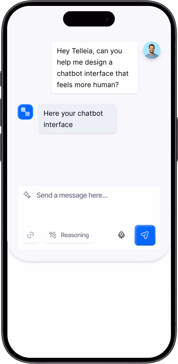 Smartphone screen showing a chatbot conversation where a user asks for help designing a more human chatbot interface and receives a response, with input field and send button visible.