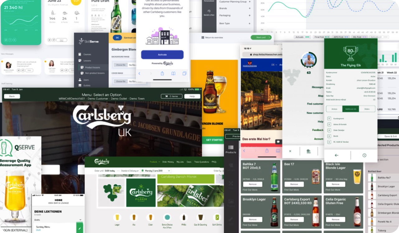 Collage of digital interfaces and apps featuring Carlsberg beer branding and product displays.