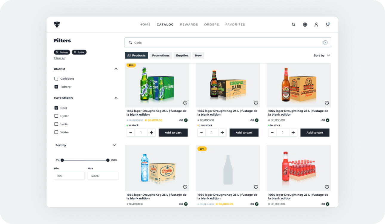 Screenshot of Carl's Shop, a Carlsberg e-commerce product built using Malty components.