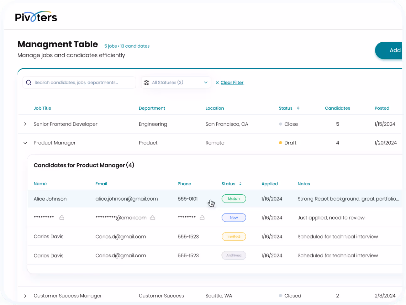 Management table showing jobs and candidates including Senior Frontend Developer, Product Manager with candidate details and statuses.
