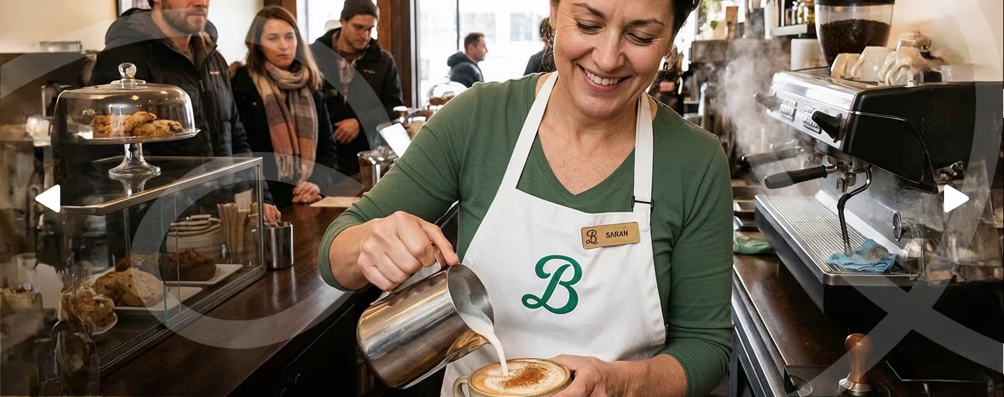 Barista pouring steamed milk into a cup of coffee in a busy cafe