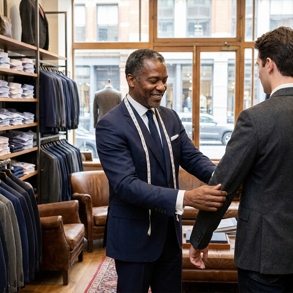 A tailor in a menswear shop fitting a jacket sleeve for a customer