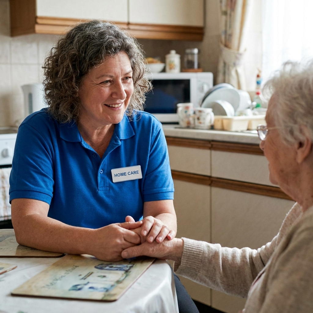 A home care worker sitting with a client at her kitchen table