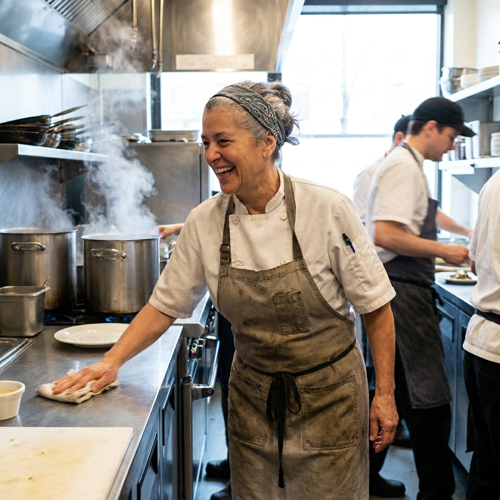 A chef laughing while working the range in a busy commercial kitchen