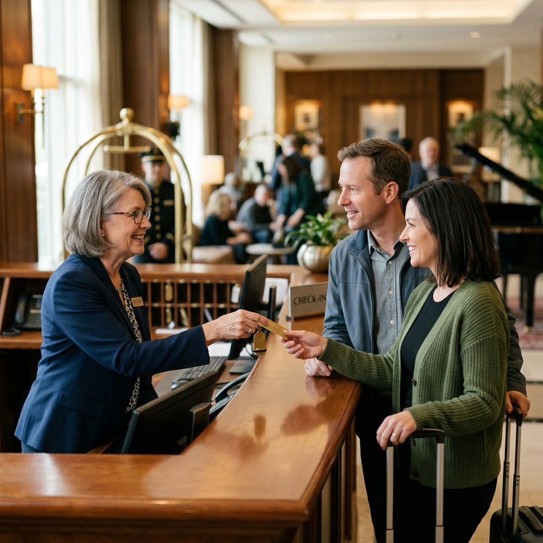 A worker at a front desk helping a customer