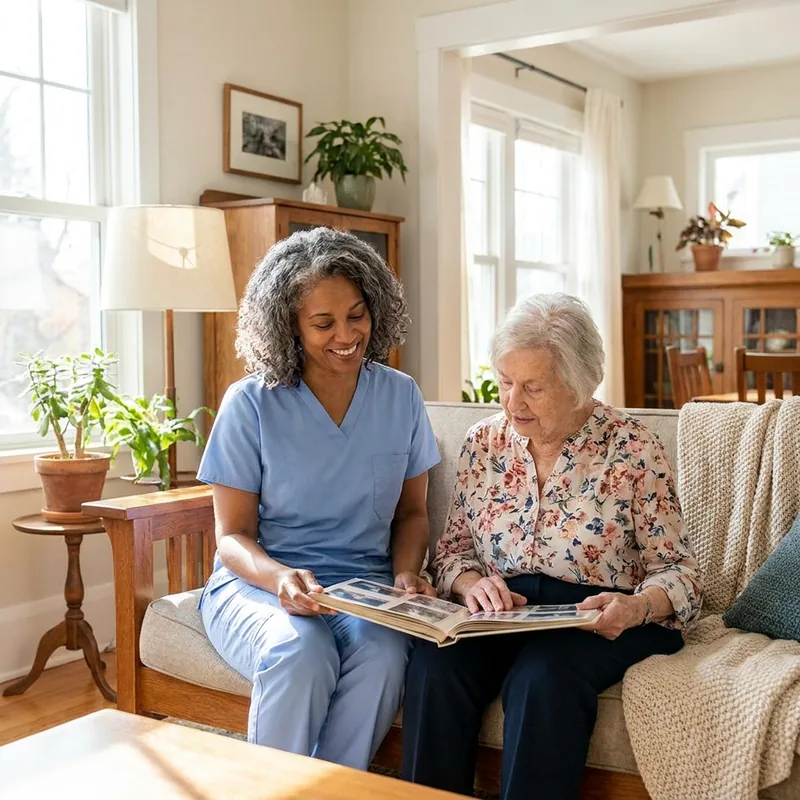 A home care aide and an older client smiling over a photo album in a sunny living room