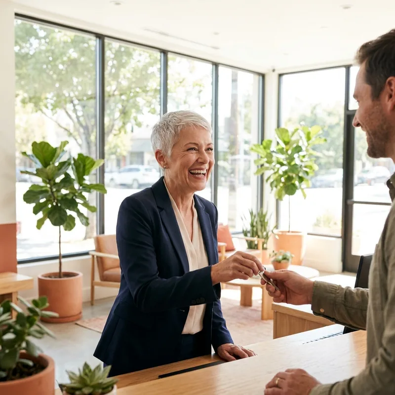 A woman in her sixties laughing with a guest as she hands over a key at a bright hotel front desk