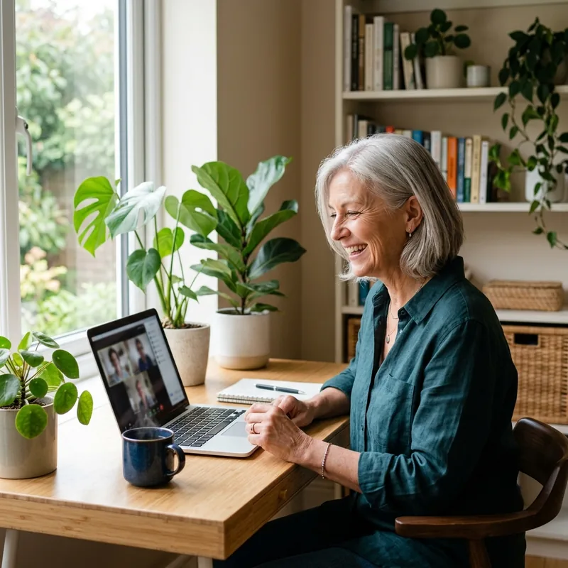 A woman with silver hair smiling on a video call from a bright home office