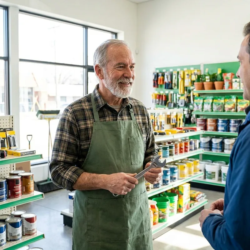A hardware store worker with a gray beard showing a customer a wrench