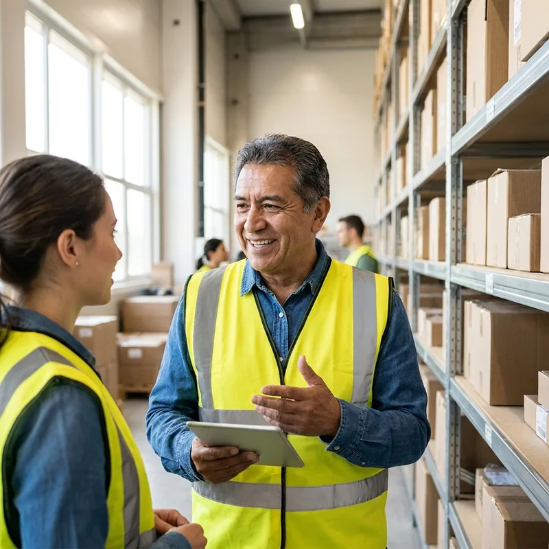 A warehouse shift lead in a hi-vis vest talking with a coworker in a bright distribution center