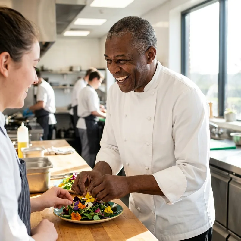 A head cook in his late fifties sharing a laugh with a colleague while plating a salad
