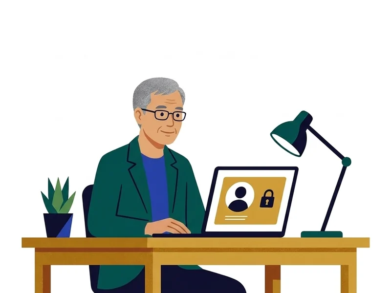 Illustration of a man in glasses at a laptop showing a private profile with a lock