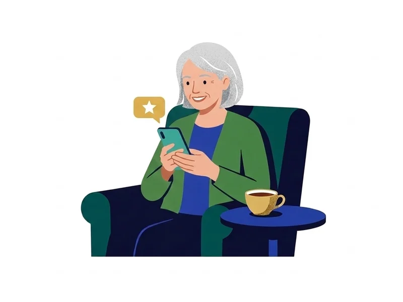 Illustration of a woman with silver hair in an armchair smiling at a new notification on her phone