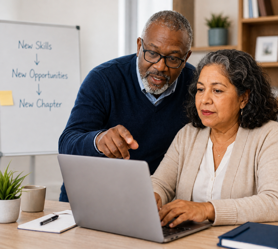Senior coworkers learning a new job together, man teaching woman on computer in office
