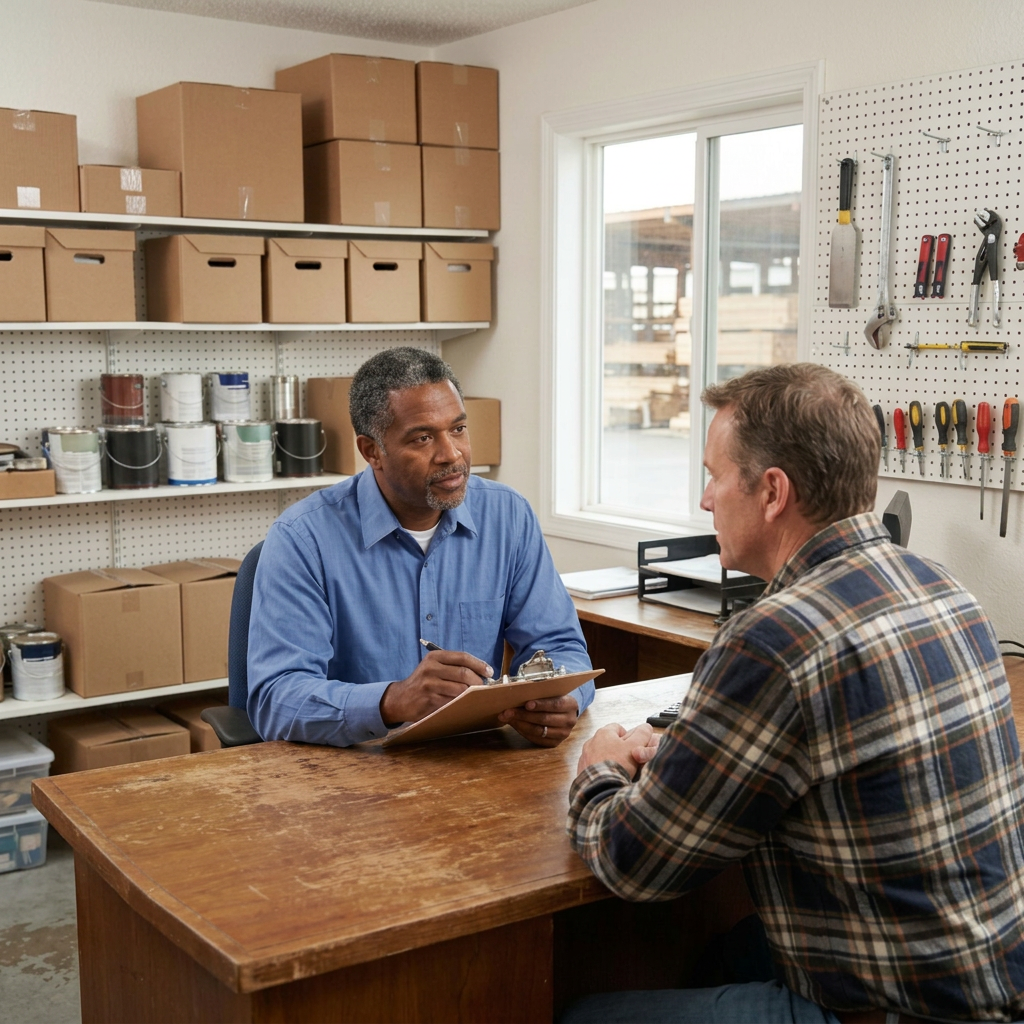 A hiring manager with a clipboard interviewing a candidate across a desk in a stockroom office.