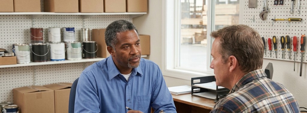 A hiring manager with a clipboard interviewing a candidate across a desk in a stockroom office.